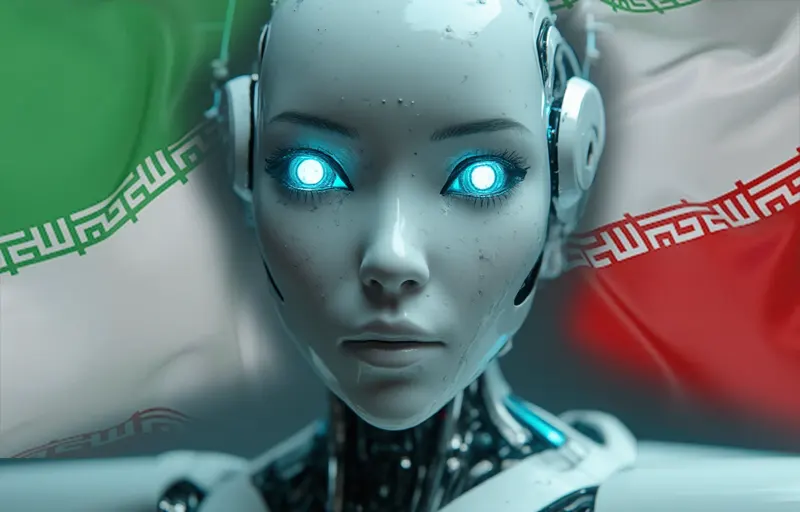 تصویری که نشان‌دهنده ربات‌ها و نمادهای هوش مصنوعی در کنار پرچم ایران است که نماد پیشرفت تکنولوژی و هوش مصنوعی بومی می‌باشد.
