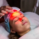 تصویر یک کلاه لیزری قرمزدرمانی روی سر فرد که نور قرمز به پوست سر می‌تابد و نشانگر سلامت پوست سر و رشد مو است