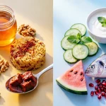 چیدمان دو نیمه از غذاهای با طبع گرم و سرد: عسل، خرما، زعفران و گردو در نیمه گرم، و ماست، خیار، ماهی و هندوانه در نیمه سرد.